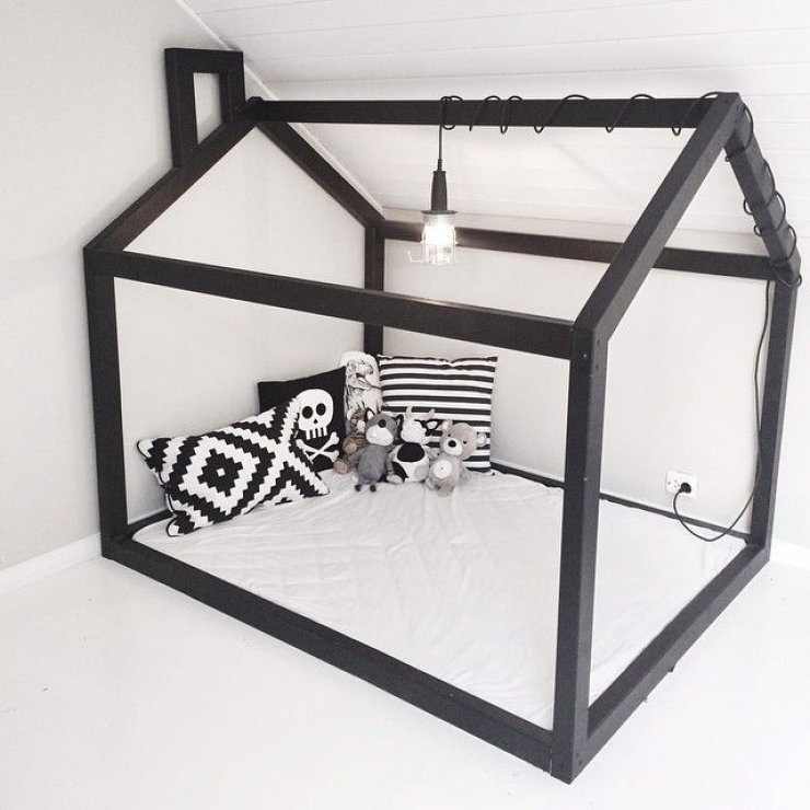 black frame house bed for kids