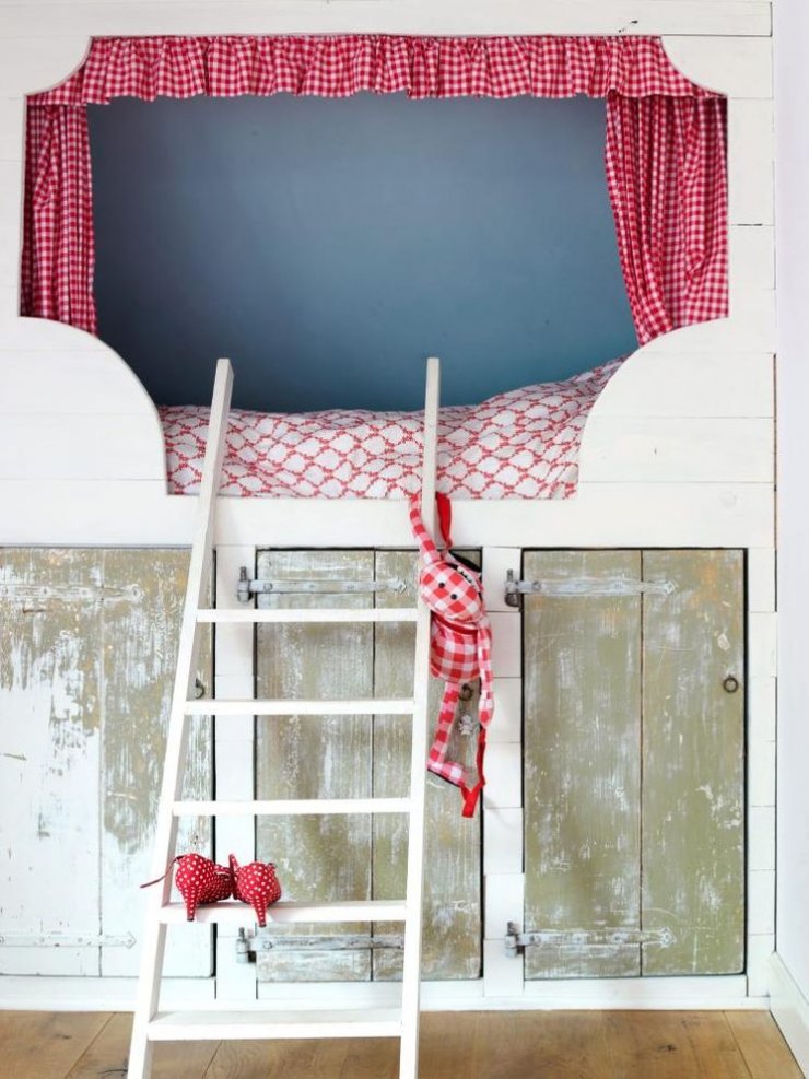 rustic girly loft bed with curtains and storage