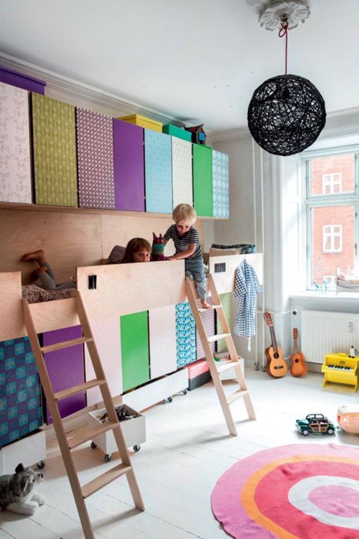 shared kids room with storage beds