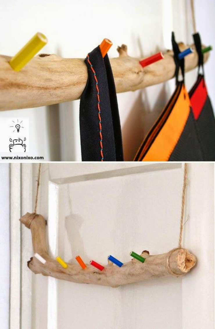 DIY branch and pencils cloth hanger
