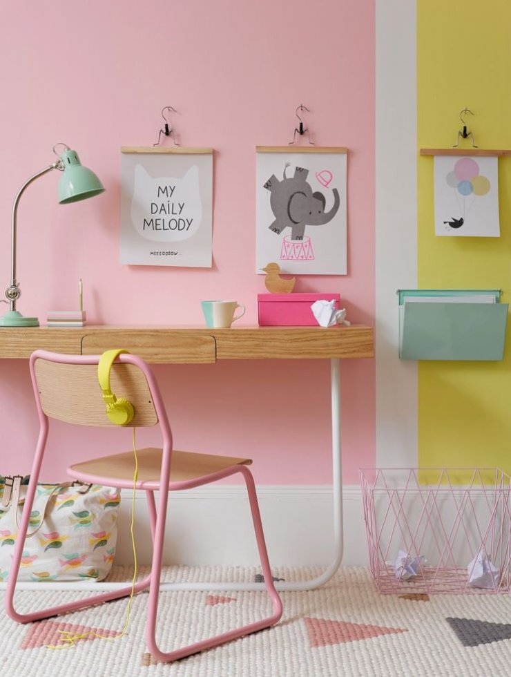 pink and yellow wall for a desk area