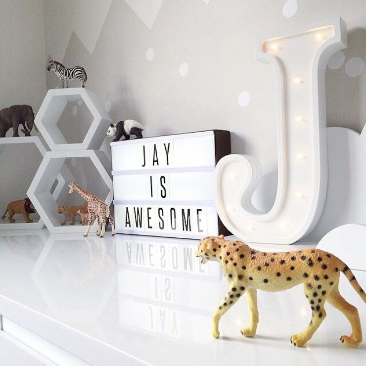 J marquee sign in kids' room