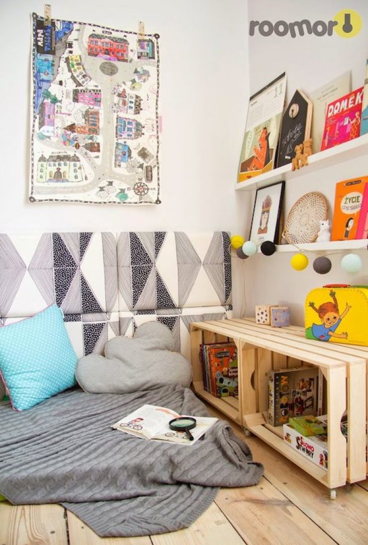 kids' reading corner with crates